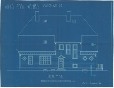 Fasadetegning (opprikk) av Villa Paal Kahrs på Kalvedalsveien 82, vist med blåprint.