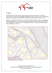 Utklipp fra Bergenskart som viser et område i Bergenhus bydel med eiendomsnummer, veier og topografi.