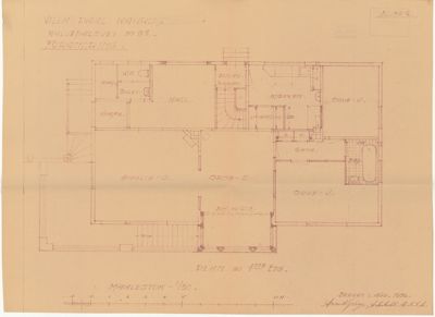 Plantegning av 1. etasje i villaen på Halvedalsveien 82, med romfordeling og håndskrevne notater.