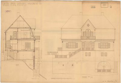 Bildet viser en tegning med både et snitt (venstre) og en fasade (høyre) av Villa Paal Kahrs. Det er en arkitektonisk tegning som viser bygningens utforming.