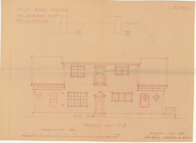 Fasadetegning av Villa Daal Kahrs mot NØ, tegnet av Frankfryg Schibsted i 1932.