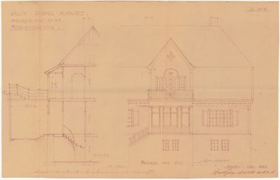 Snittegning og fasadetegning av en villa. Bildet viser bygningens tverrsnitt (venstre) og frontfasade (høyre) med arkitektoniske detaljer.