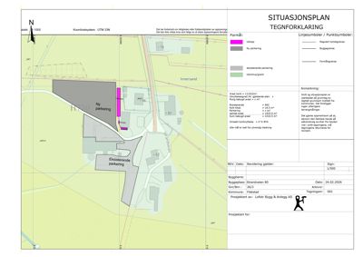 Situasjonsplan som viser tomtens beliggenhet, eksisterende og ny parkering, samt nabolag (Innersand, Granfjell).
