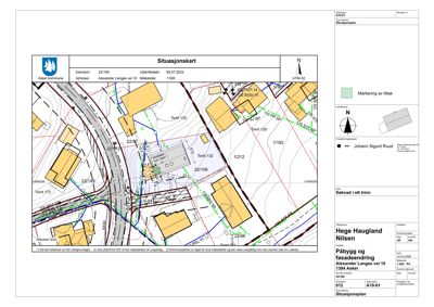 Situasjonsplan som viser tomtens beliggenhet, naboeiendommer, vegnett og topografi.