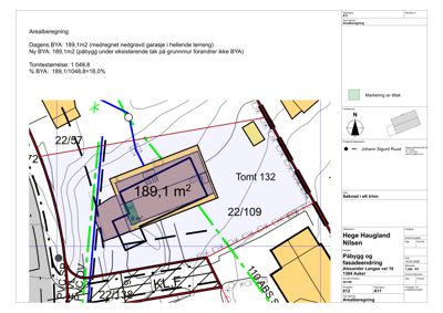 Situasjonsplan som viser tomtsgrenser, bygningens plassering, arealberegning og nabotomter.
