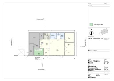 Etasjeplan (Plan 1. Etasje) som viser romfordeling, stue, soverom, bad og trapp.