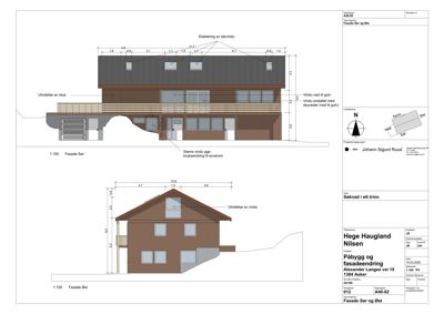 Fasadetegning som viser bygningens utseende fra sør og øst, med mål og detaljer.