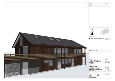 3D-visualisering av et hus med tre fasade og takvinduer.