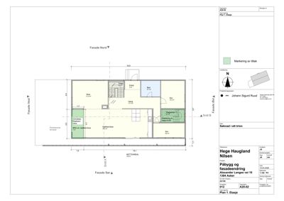 Etasjeplan (Plan 1. Etasje) som viser romfordeling, mål og orientering for en bygning.