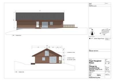 Fasade tegning som viser bygningens utseende sett fra nord og vest med mål og detaljer.