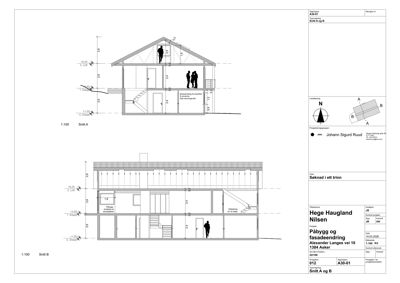 Bildet viser to snittegninger (Snitt A og Snitt B) av en bygning, som illustrerer romfordeling, høyder og innvendig konstruksjon.
