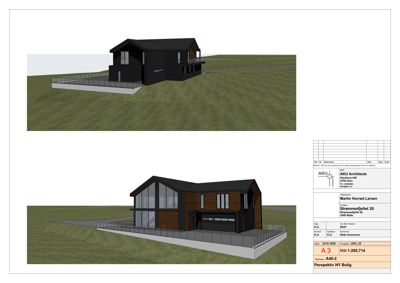 3D-visualisering (rendering) av en bolig sett fra to ulike vinkler (perspektiv), med arkitekttegningens tegnestue- og prosjektinformasjon i bunnen.