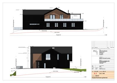 Fasadetegning som viser bygningens utseende fra nordvest og sørøst, inkludert høydeangivelser og terrengforhold.