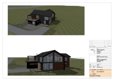 3D-visualisering (rendering) av en bolig sett fra utsiden, vist i to perspektiver.