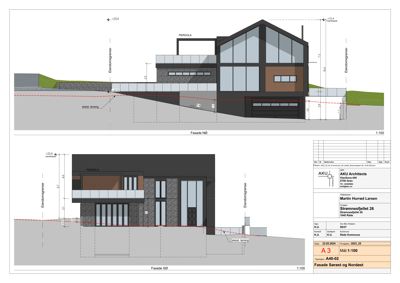 Fasadetegning som viser bygningens utseende sett fra nord og sør, inkludert høyder, materialer og plassering i forhold til eiendomsgrenser.