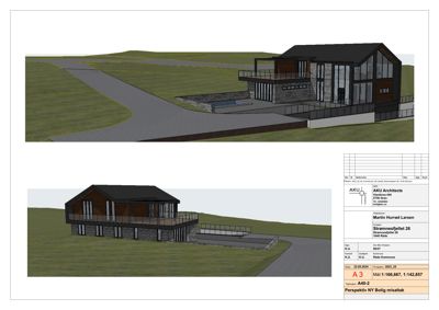 3D-visualisering (perspektivtegning) av et hus med omgivelser, inkludert vei og terreng.