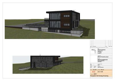 3D-visualisering (rendering) av et husprosjekt sett fra to ulike perspektiver.