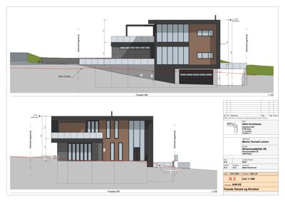 Tegning som viser fasadeoppsettet for en bygning sett fra nord og sør, inkludert mål, materialer og terrengforhold.