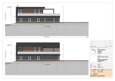 Tegning som viser fasadeoppsettet for bygningen sett fra sørvest (SV), inkludert vinduer, materialer og høydeangivelser.