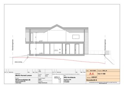 Hovedsnitt A av en bolig ved Strømmesfjellet 26, som viser etasjeskift, høyder og forhold til eksisterende terreng.