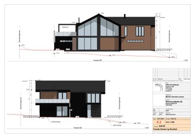 Fasadetegning som viser bygningens utseende fra nord og sør med mål og høyder.