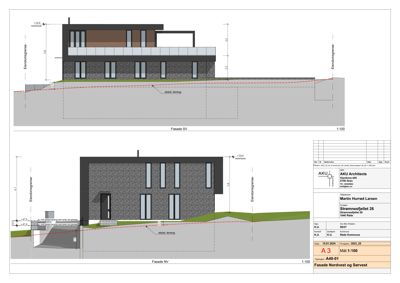 Fasadetegning som viser bygningens utseende og høyde fra to sider (Nordvest og Sørvest).
