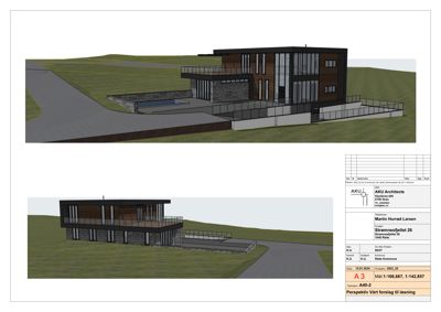 3D-visualisering (rendering) av et hus sett fra to ulike vinkler, inkludert omgivelser og terreng.