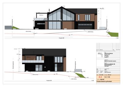 Fasadetegning som viser bygningens utseende fra nord og sør, inkludert høyder, materialer og terrengforhold.