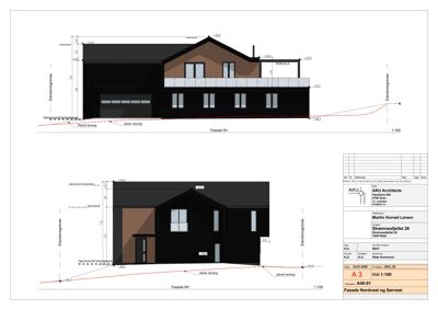 Bildet viser to fasadetegninger (Nordvest og Sørvest) for en bolig, inkludert mål, høyder og terrengforhold.