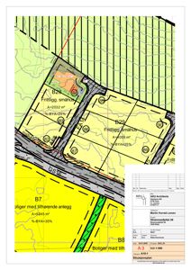 Situasjonsplan som viser tomtedeling, vegnett, topografi og arealdata for et boligfelt.