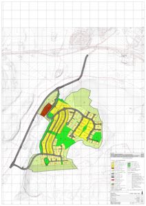 Situasjonsplan som viser tomtens beliggenhet i forhold til omgivelsene, inkludert høydekurver, vei, og arealbruk (fargekodet).