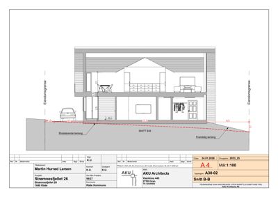 Snittegning (SNITT B-B) som viser bygningens tverrsnitt, høyder, terrengforhold og romoppdeling.