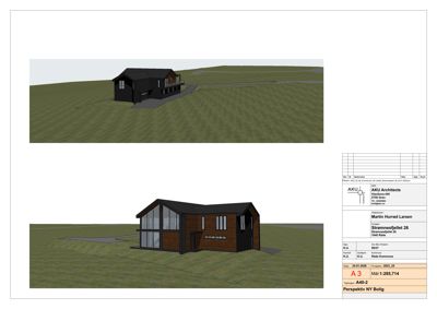 3D-visualisering (rendering) av en planlagt bolig sett fra to ulike vinkler.