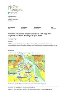 Et kart som viser eiendommen gbnr 45/281 i Presteigen, markert med en rød ring og pil, i forhold til omgivelsene.