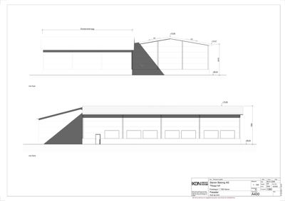 Fasadetegning som viser bygningens utseende fra vest (vest) og nord (nord), inkludert mål og arkitektoniske detaljer.