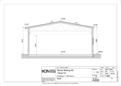 Snittegning som viser tverrsnittet av en tilbygg-hall med angitte høyder, takhøyde og konstruksjonsdetaljer.