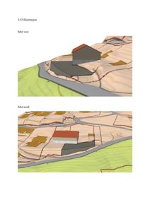 3-D visualisering (rendering) av en bygning sett fra to ulike retninger (mot vest og mot nord) i et landskap.