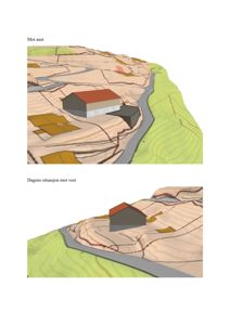3D-situasjonsplaner som viser bygningenes plassering i terrenget sett fra ulike retninger (mot aust og mot vest).