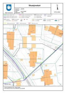 Situasjonskart som viser eiendomsnummer, grenser, vei og naboeiendommer.