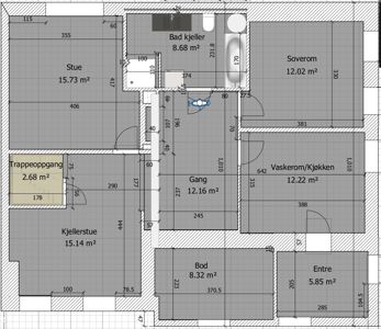 Etasjeplan eller plantegning som viser romfordeling, mål og areal i en bygning.