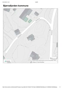 Kart over Bjørnafjorden kommune som viser topografi, vegnett (Grønskaret) og bygningsplasseringer.
