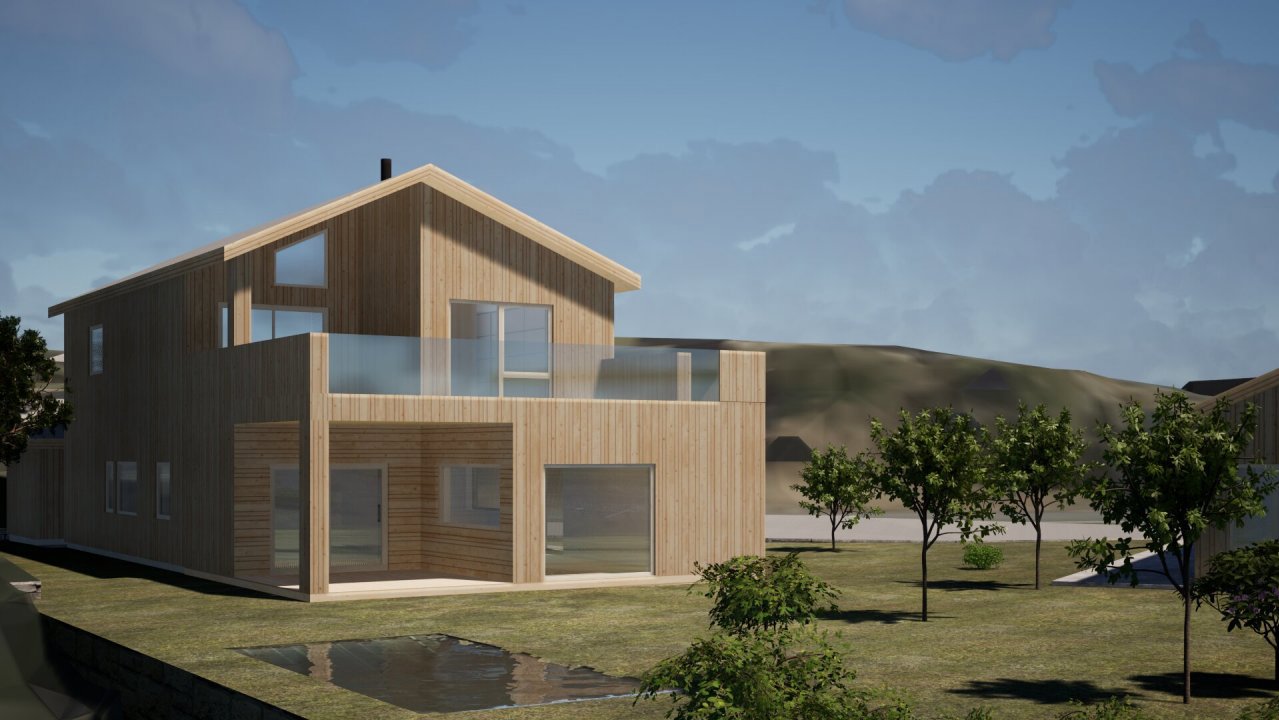 3D-visualisering av en moderne villa sett fra siden, med omgivende natur og terreng.