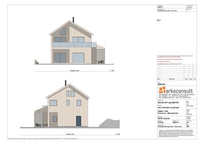 Fasadetegning som viser bygningens utseende fra vest og øst.