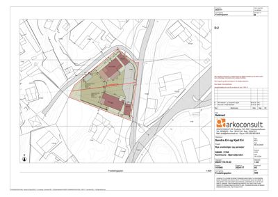 Situasjonsplan (Fradelingsplan) som viser tomtens grenser, høydemål, naboeiendommer og planlagt bebyggelse.