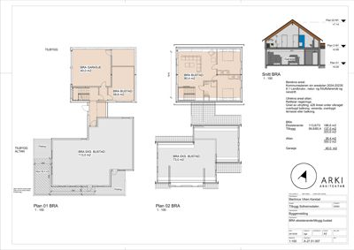 Etasjeplaner (Plan 01 og Plan 02) for en bolig (BRA) med tilhørende garasje og tilbygg, samt et snitt (Snitt BRA) som viser romfordeling og høyder.