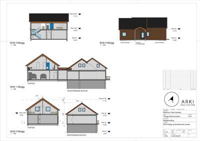 Snittegninger som viser tverrsnitt gjennom en nybygget bolig (tilbygg) og en eksisterende bustad, inkludert høyder, romfordeling og konstruksjon.