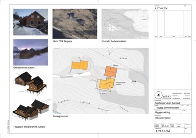 Situasjonsplan som viser eksisterende og planlagt bebyggelse i Solheimsdalen, inkludert tomtetegninger og omgivelsene.