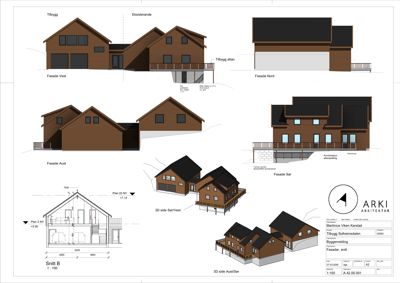 Bildet viser en tegning med fasadeoppsett (Fasade Vest, Nord, Aust, Sør) og snitt (Snitt B) for en bygning.