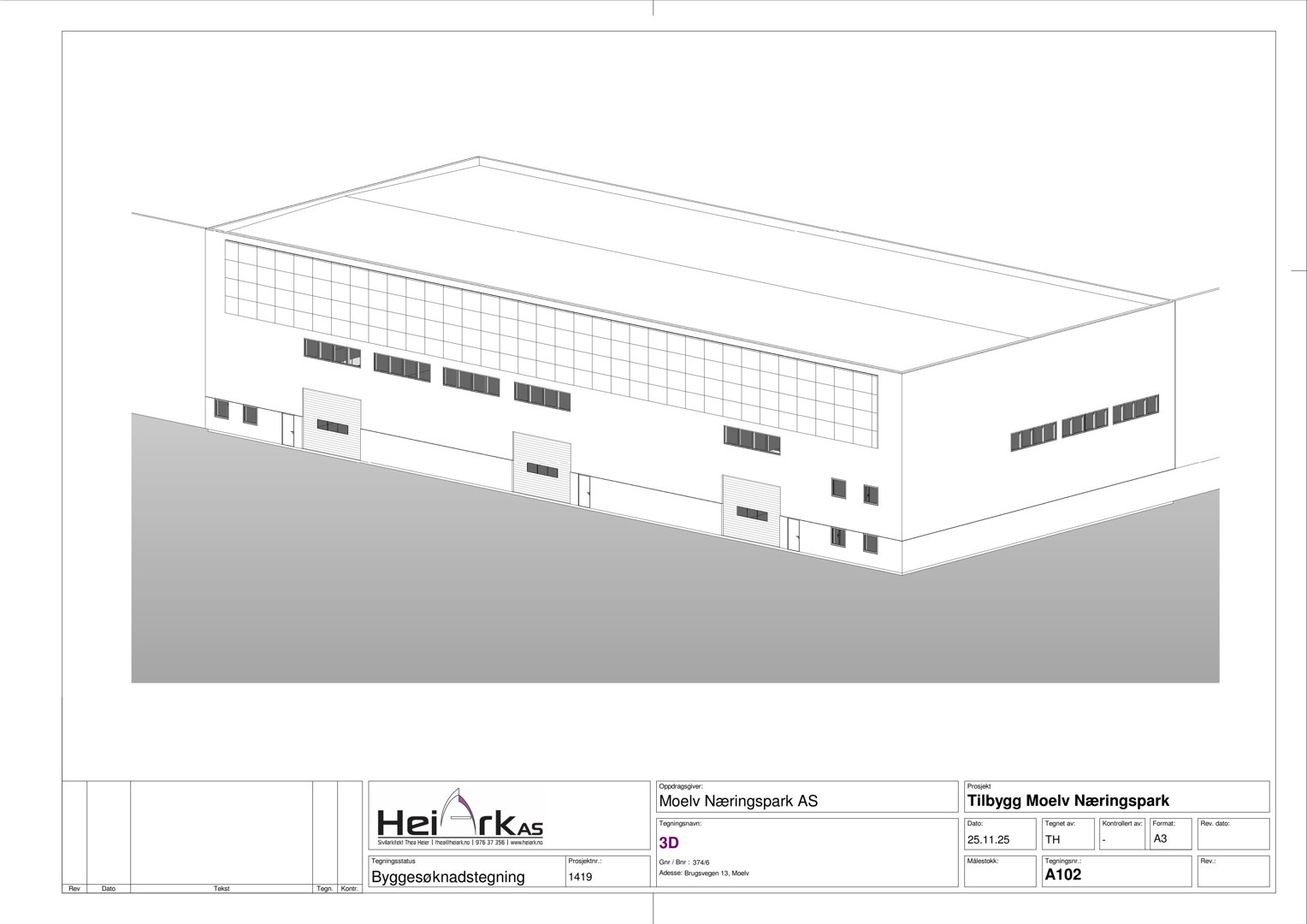 3D-visualisering av en bygning (Tilbygg Moelv Næringspark) sett fra en vinkel.