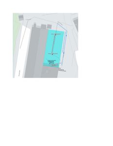 Situasjonsplan som viser tomtens grenser, eksisterende bygninger (grå), planlagt bygning (lyseblå), og en rute for en ny vei (blå prikket linje).